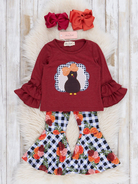 Burgundy Embroidered Turkey Bell Bottoms Outfit
