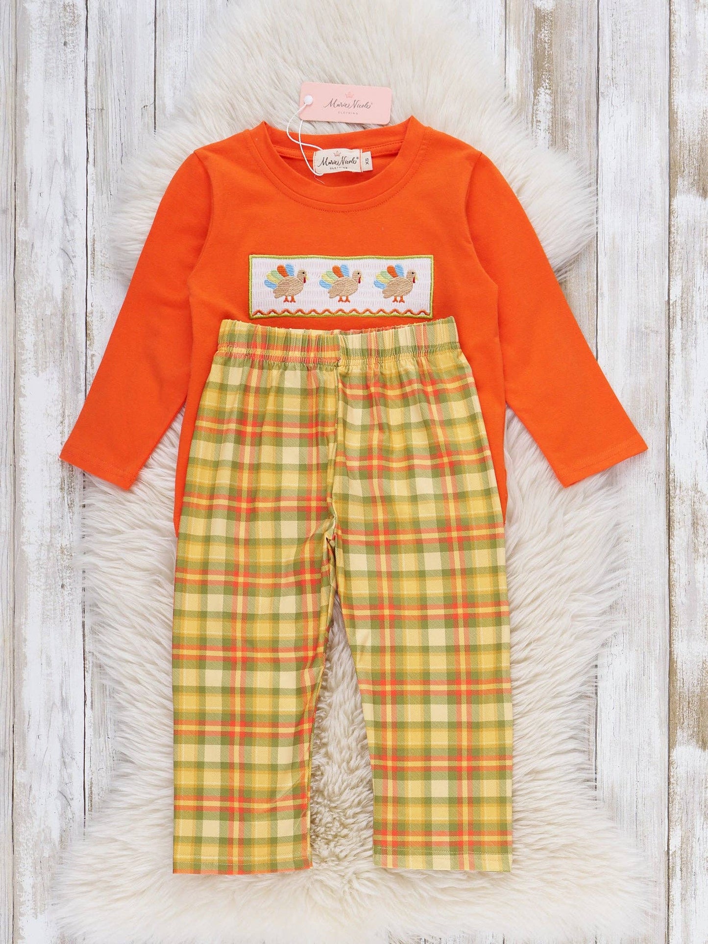 Plaid Smocked Embroidered Turkey Outfit