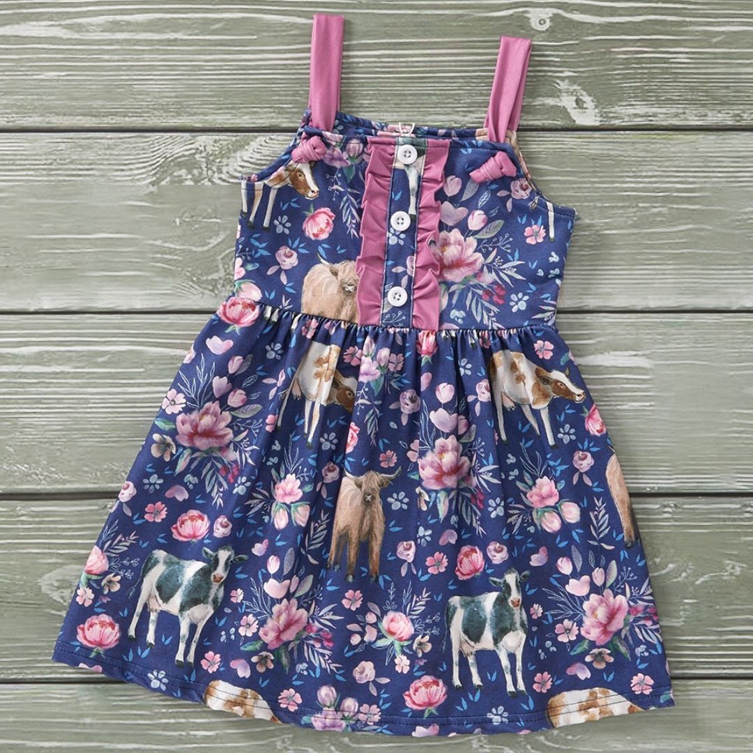 Moo In Bloom Girls Cow Print Dress
