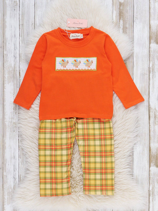 Plaid Smocked Embroidered Turkey Outfit